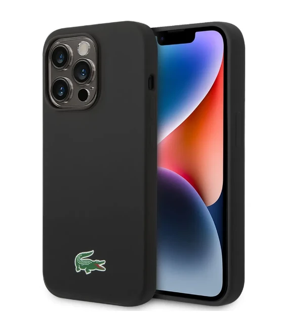 Lacoste Liquid Silicone Microfiber Croc Logo MagSafe dėklas skirtas iPhone 14,15,16 juodos spalvos