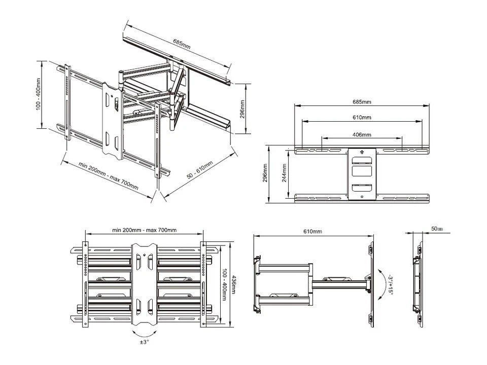 Laikiklis Multibrackets MB UNIVERSAL FLEXARM PRO 60 KG HEAVY DUTY Juodas