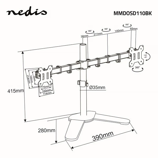 Laikiklis Nedis Schreibtisch Monitorhalterung 2 Bildschirme | 15 - 32 " | 75x75 / 100x100 | Vollbeweglich