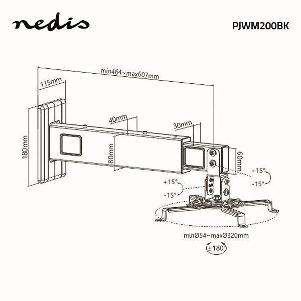 Laikiklis Nedis PJWM200BK Projektorius Wall Mount 360 ° / Max 15kg / 54-320 mm