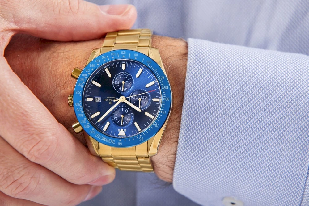 Vyriškas laikrodis Giewont Chronograph su safyro stiklu, auksas, mėlynas, GW8720-B6