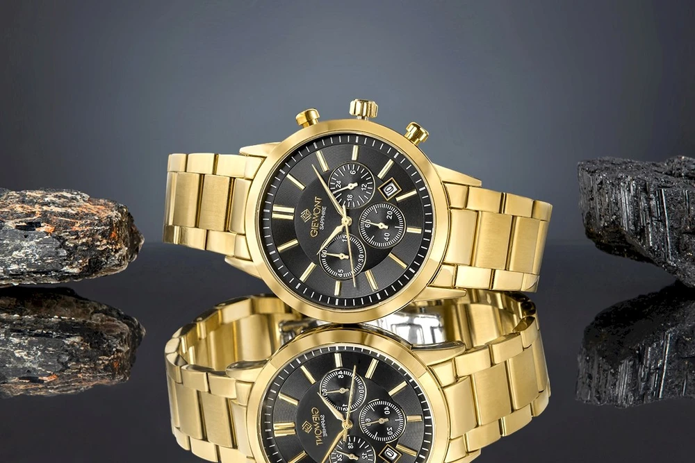 Giewont Chronograph Safyrinis Auksinis Juodas Vyriškas Laikrodis GW8510-B5