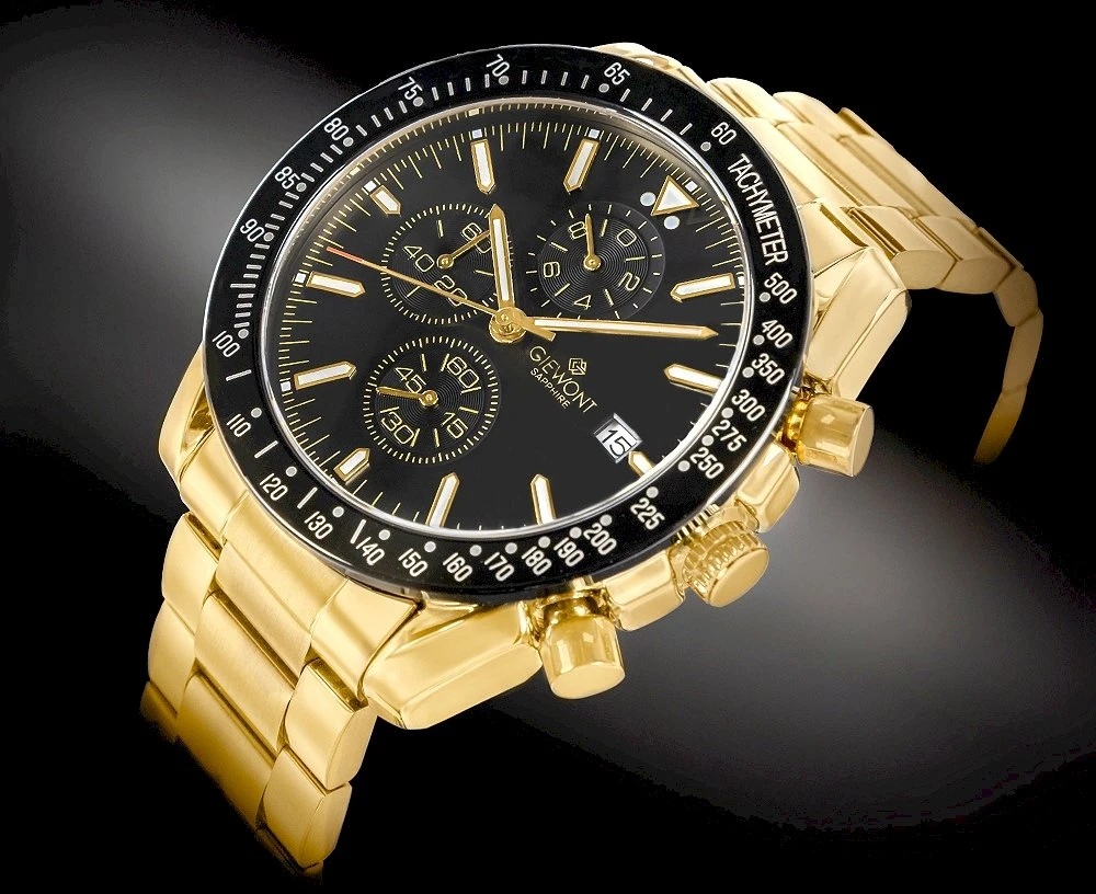 Vyriškas laikrodis Giewont Chronograph Safyro stiklas Auksas Juodas GW8720-B4