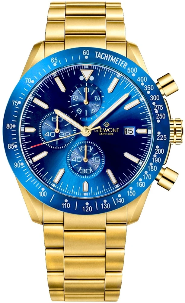 Vyriškas laikrodis Giewont Chronograph su safyro stiklu, auksas, mėlynas, GW8720-B6