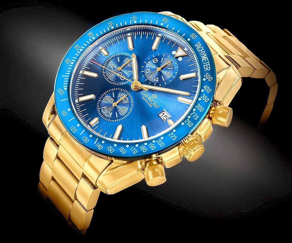 Vyriškas laikrodis Giewont Chronograph su safyro stiklu, auksas, mėlynas, GW8720-B6