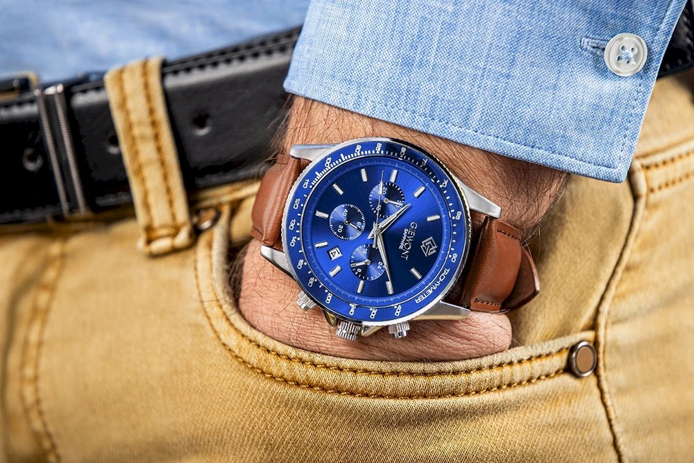 Vyriškas laikrodis Giewont Chronograph Safyro rudas mėlynas GW3520-A5