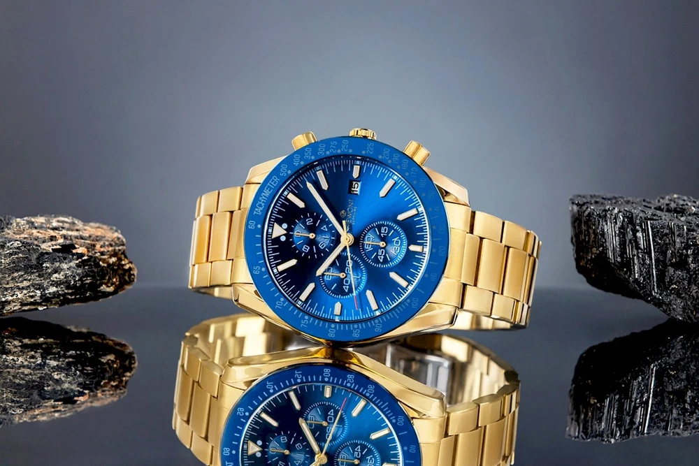 Vyriškas laikrodis Giewont Chronograph su safyro stiklu, auksas, mėlynas, GW8720-B6