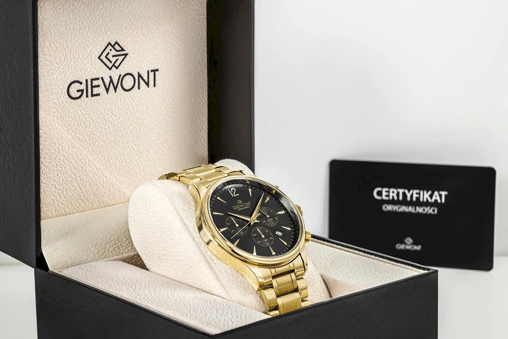 Vyriškas laikrodis Giewont Chronograph Safyro stiklas Auksinis Juodas GW6310-B4