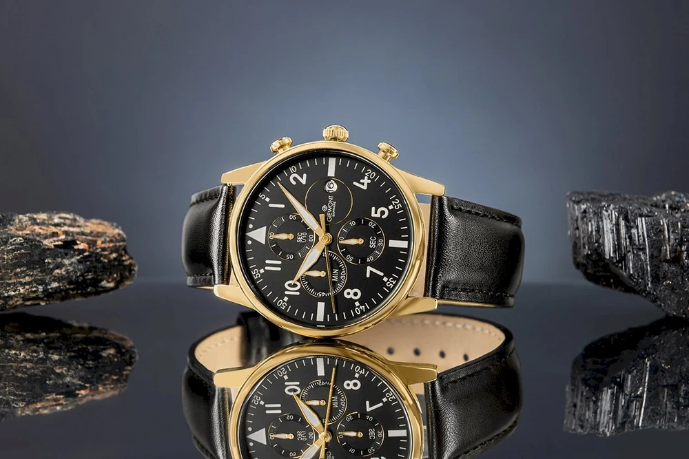 Vyriškas laikrodis Giewont Chronograph Safyrinis Juodas ir auksas GW5630-A4