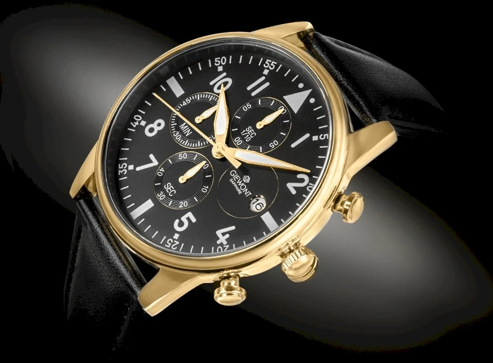 Vyriškas laikrodis Giewont Chronograph Safyrinis Juodas ir auksas GW5630-A4