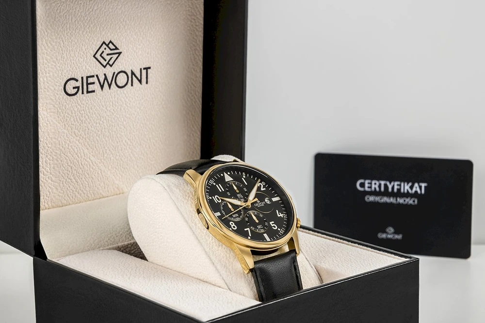 Vyriškas laikrodis Giewont Chronograph Safyrinis Juodas ir auksas GW5630-A4