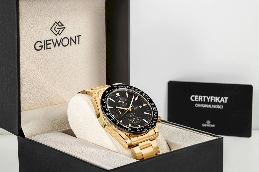 Vyriškas laikrodis Giewont Chronograph Safyro stiklas Auksas Juodas GW8720-B4