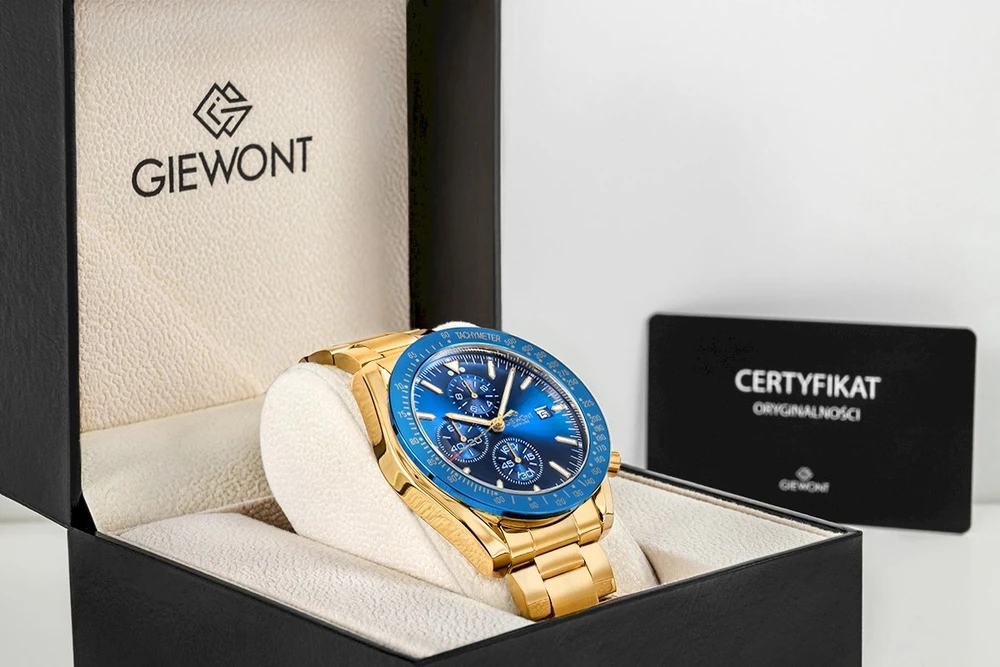 Vyriškas laikrodis Giewont Chronograph su safyro stiklu, auksas, mėlynas, GW8720-B6