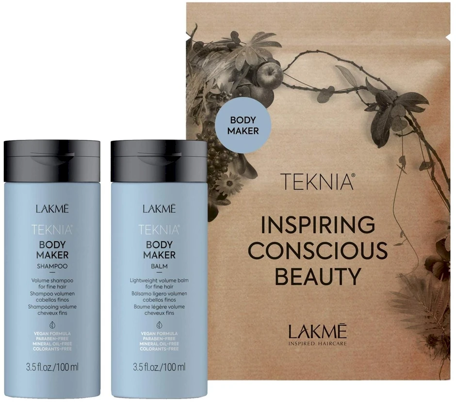 „Lakme Tkn“ kūno priežiūros priemonė mažmeninei pakuotei: šampūnas, 300 ml + balzamas, 300 ml + purškiklis, 300 ml