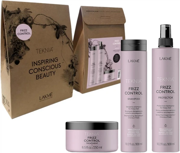 „Lakme TKN Frizz Control“ mažmeninė pakuotė: šampūnas, 300 ml + priemonė, 250 ml + apsauga, 300 ml