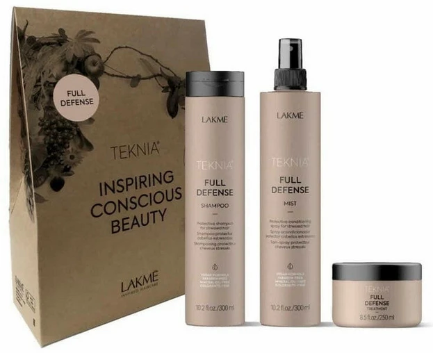 „Lakme Teknia Full Defense“ mažmeninė pakuotė: Šampūnas, 300 ml, Priemonė, 250 ml, Purškalas, 300 ml