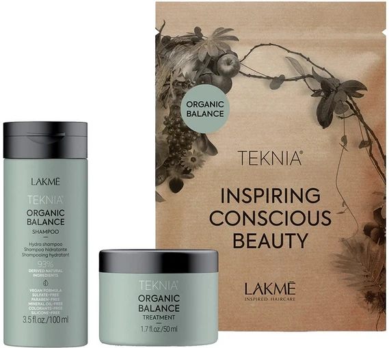 „Lakme Teknia“ kelioninis rinkinys „Organic Balance“: šampūnas, 100 ml + priemonės, 100 ml