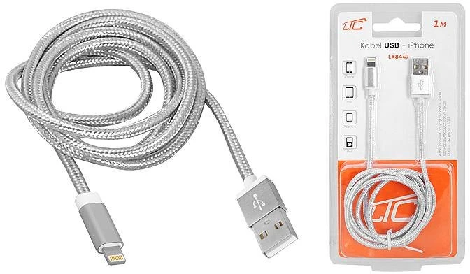 Lamex LTC PS USB-Iphone kabelis, 1 m, sidabrinės spalvos.