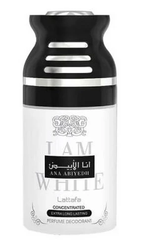 Lattafa Ana Abiyedh I Am Baltas Perfumed Purškiklis parfumuotas dezodorantas, 200 ml