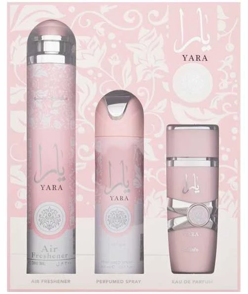Lattafa Yara EDP rinkinys moterims (EDP 100 ml + Dezodorantas 200 ml + Air Freshener 300 ml)
