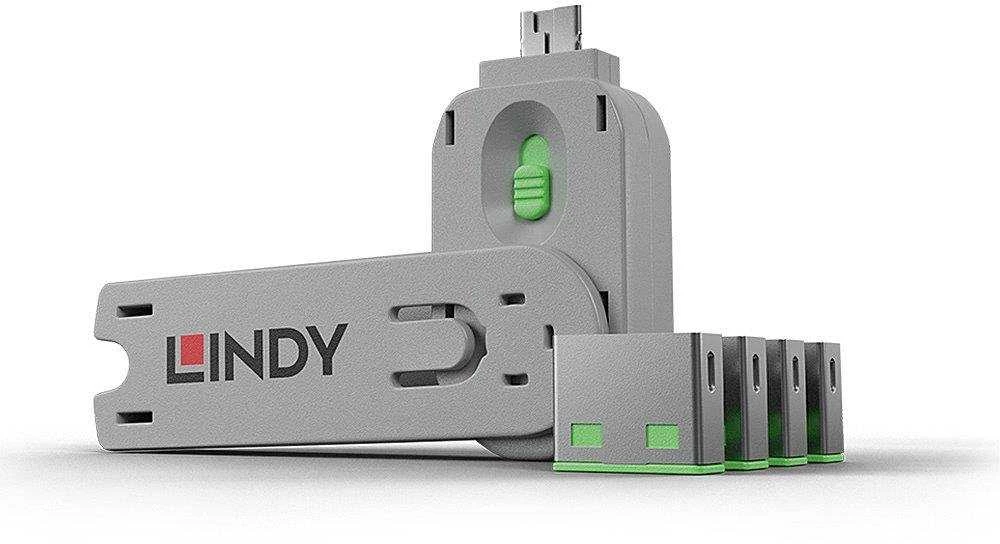 USB Priedas - LINDY USB A Prievado Blokatorius 4 vnt. + Raktas, 55x19x12mm, Žalias
