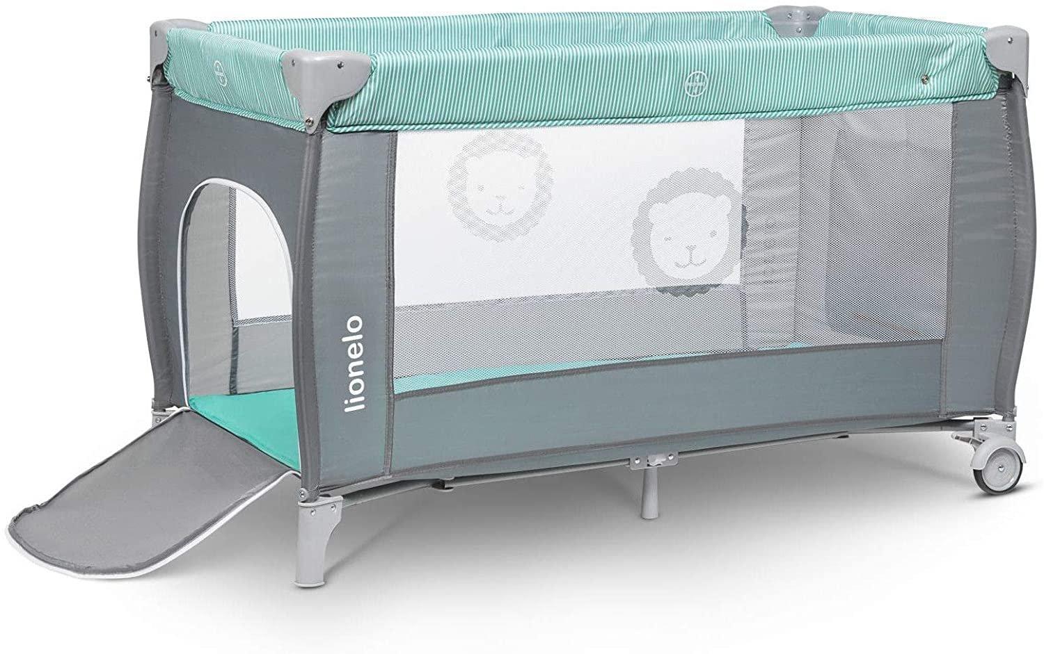 Kelioninė lovytė-maniežas su vystymo stalu iki 15 kg Lionelo Sven Plus Turquoise/Pilkas