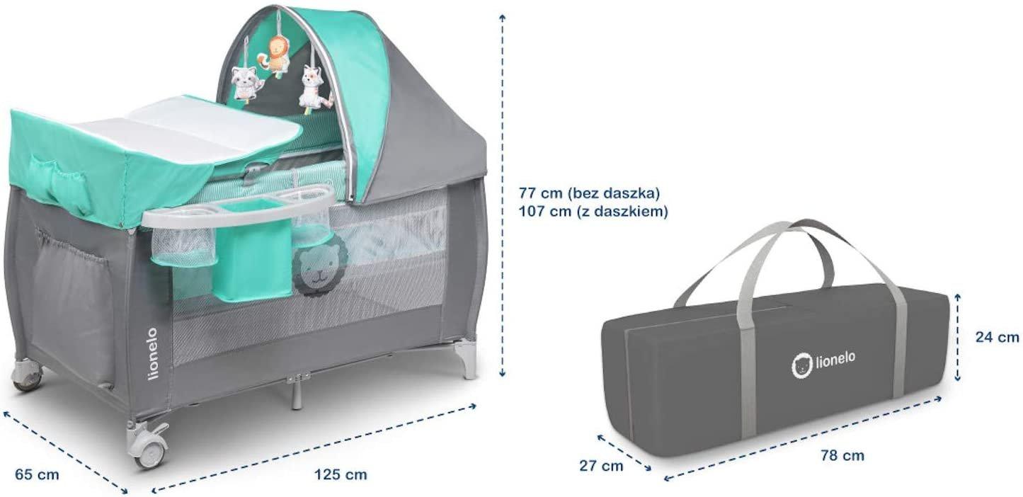 Kelioninė lovytė-maniežas su vystymo stalu iki 15 kg Lionelo Sven Plus Turquoise/Pilkas