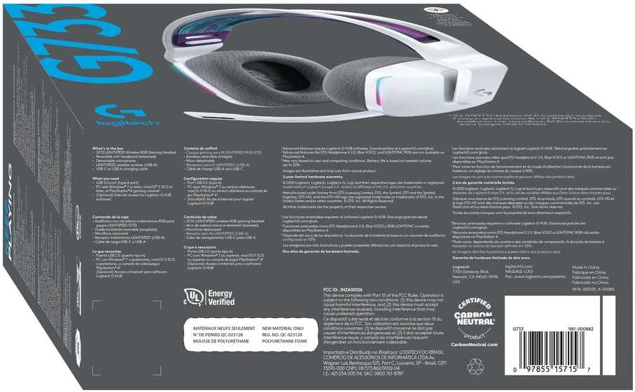 Belaidės ausinės Logitech G733, LIGHTSPEED, RGB, Baltos spalvos