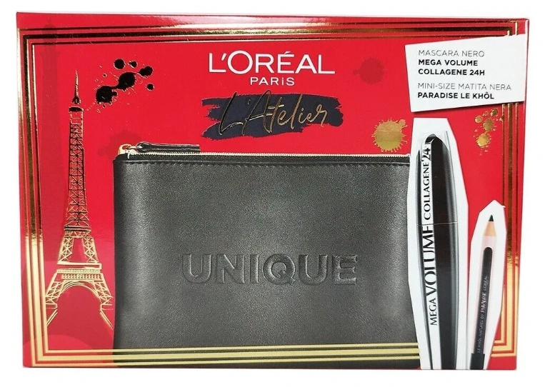 Set L'Oreal Paris: L'Oreal Paris Kajal Eye Pieštukas Juodas 1.5 g + Mega Volume Collagene 24h Atsparus vandeniui Blakstienų tušas Mega Juodas, 9 ml + Textile Makeup Bag Juodas