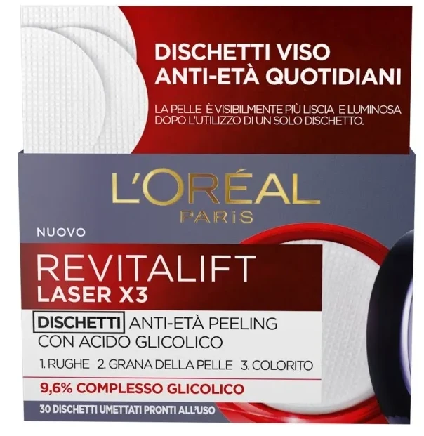L'Oreal Paris, Revitalift lazerinis X3, glikolio rūgštis, senėjimą stabdantys, nulupami diskeliai, 30 vnt.