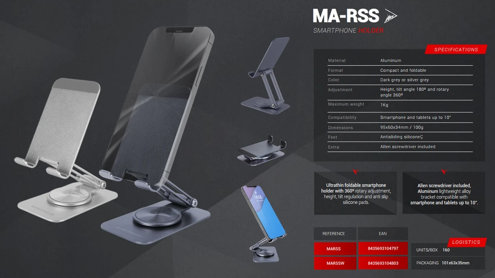Podstawka Mars Gaming Mars Gaming MA-RSS Aluminum Alloy Stand for Smartphones 360° / 10'' / Pilkas