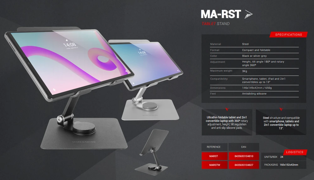 „Mars Gaming MA-RST 2in1“ aliuminio lydinio stovas planšetiniams kompiuteriams, 360° / 13" / Sidabrinis