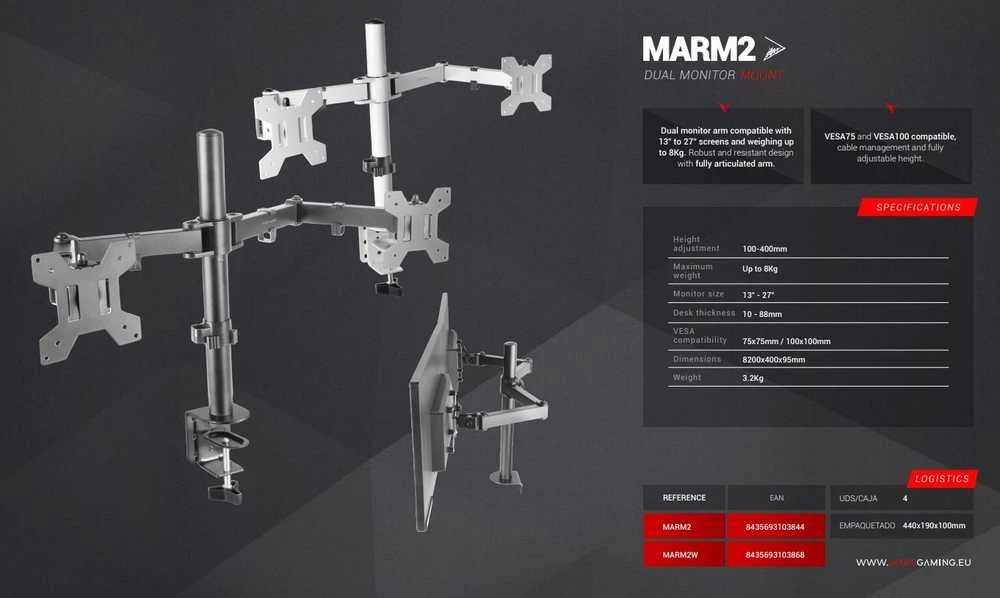 „Mars Gaming MARM2“ 2 monitorių laikiklis su stalo laikikliu