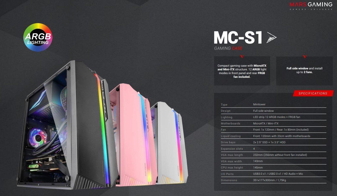 „Mars Gaming MC-S1“ kompiuterio korpusas mATX / ARGB / langas
