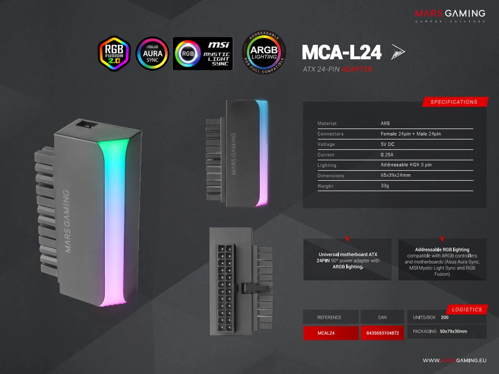 „Mars Gaming MCA-L24 ATX“ 24 kontaktų 90° adapteris su ARGB