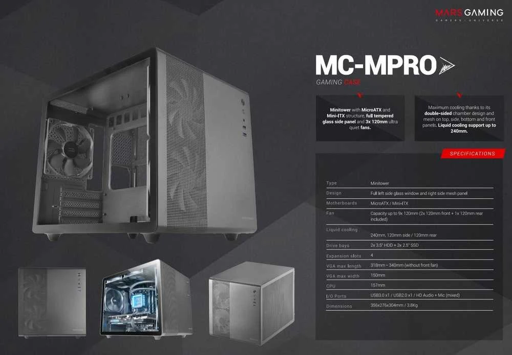 Mars Gaming MCMPRO profesionalus kompaktiškas kompiuterio korpusas mATX (dviguba kamera)