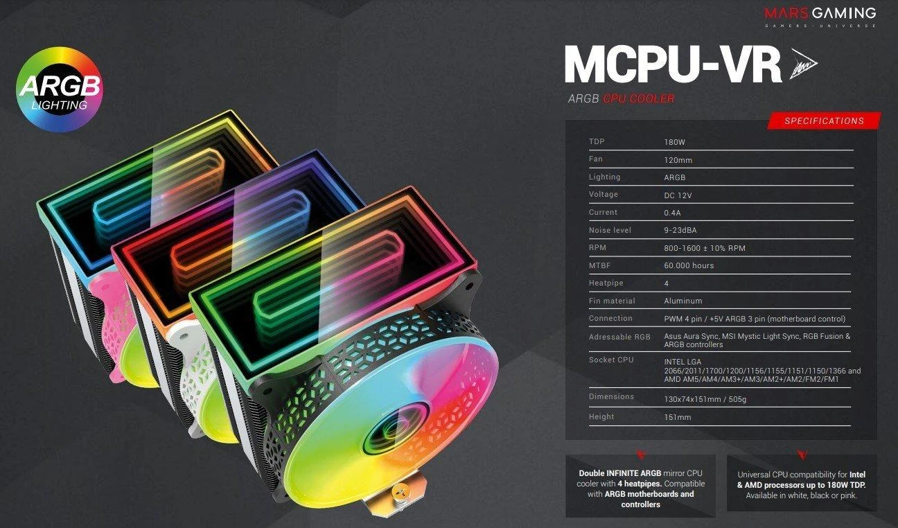 Mars Gaming MCPU-VR aušintuvas su ARGB apšvietimo schema