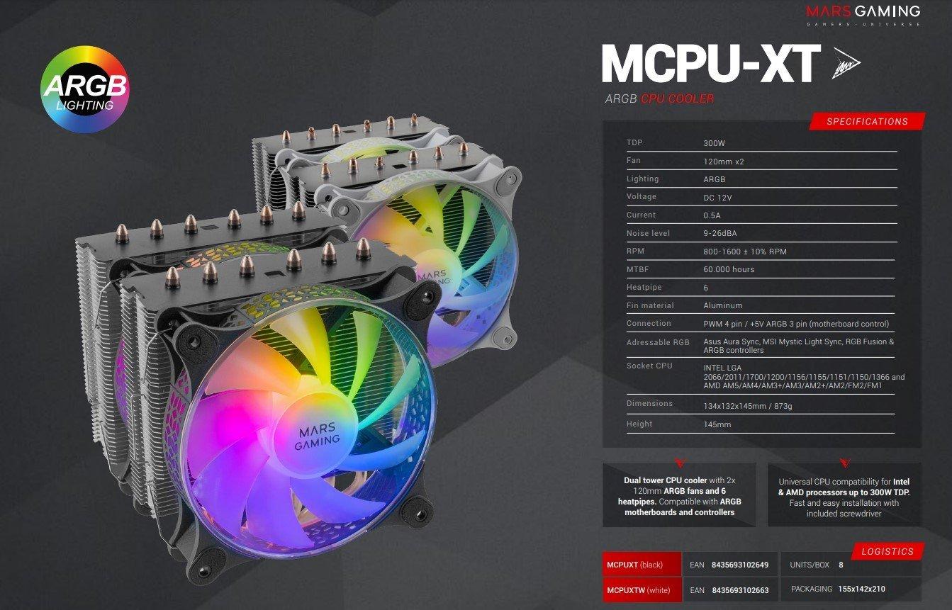 Mars Gaming MCPU-XT procesoriaus aušintuvas, dvigubas bokštinis, aušinimas, 300 W, 2 x 120 mm, ARGB