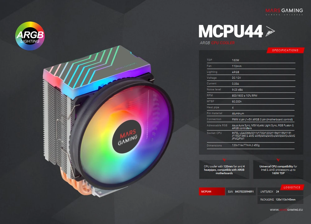 „Mars Gaming MCPU44“ procesoriaus aušintuvas, dvigubas ARGB / 160W