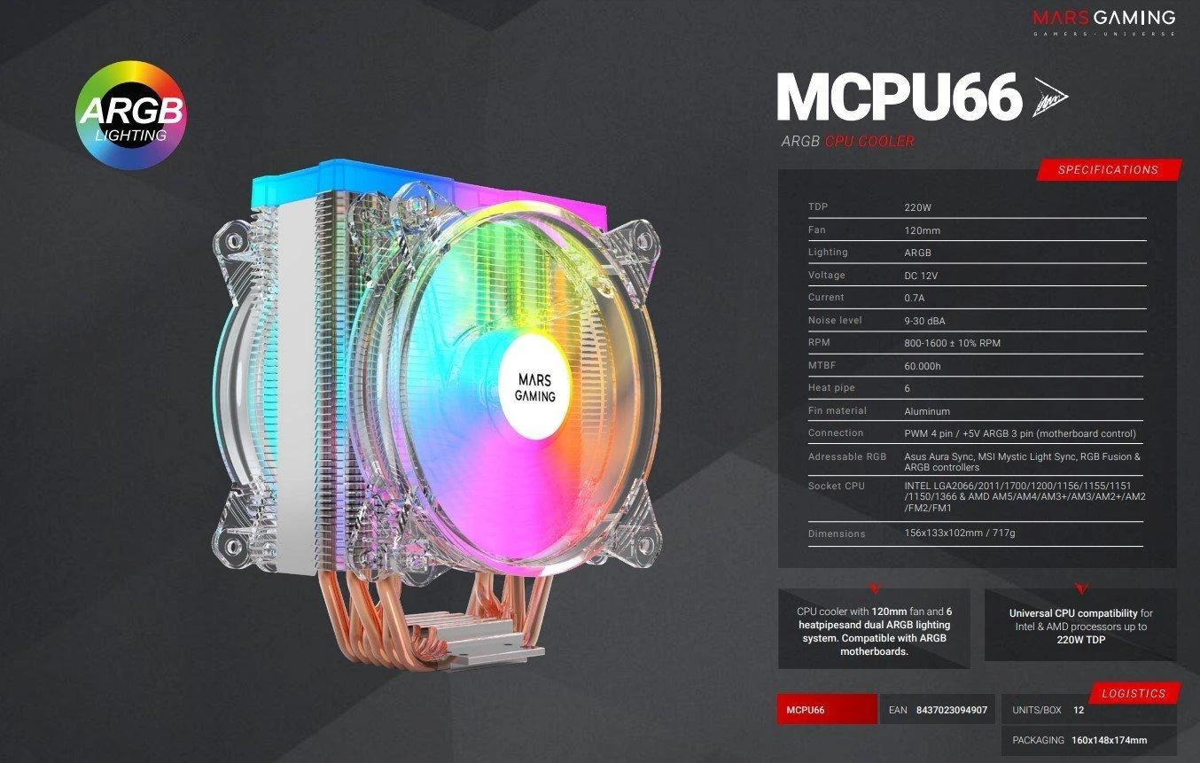 „Mars Gaming MCPU66“ procesoriaus aušintuvas ARGB 220W, dvigubas ventiliatorius, 120 mm