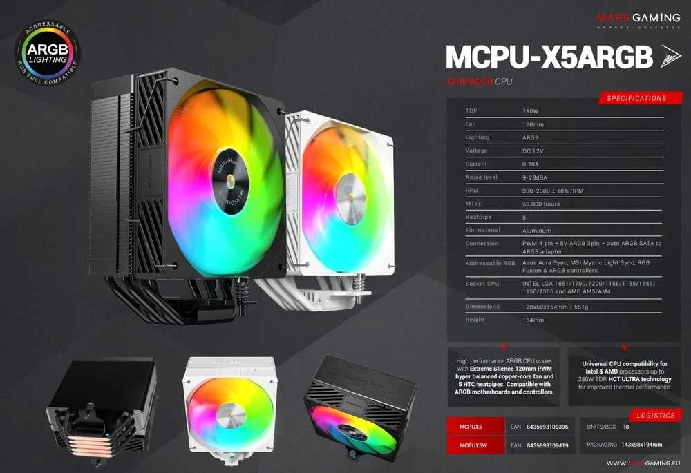 tacens Mars Gaming MCPUX5ARGB computer cooling system Processor Oro vėsintuvas 12 cm Juodas 1 pc(s)