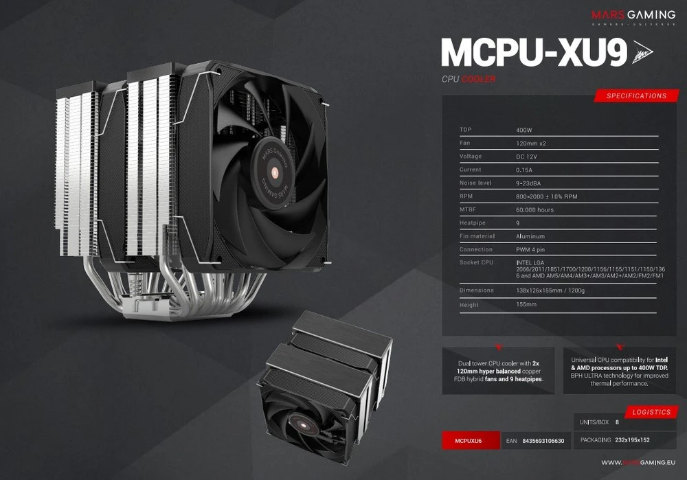 „Mars Gaming MCPUXU9“ procesoriaus aušintuvas, 400 W TDP / 2 x 120 mm