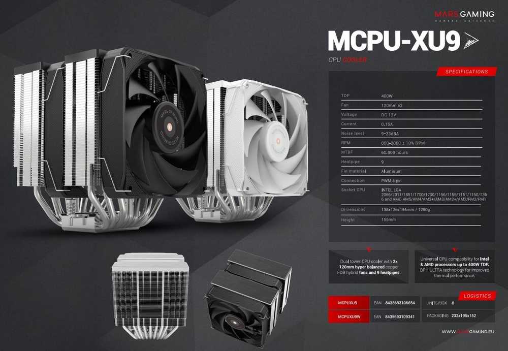 „Mars Gaming MCPUXU9W“ procesoriaus aušintuvas, 400 W TDP / 2 x 120 mm