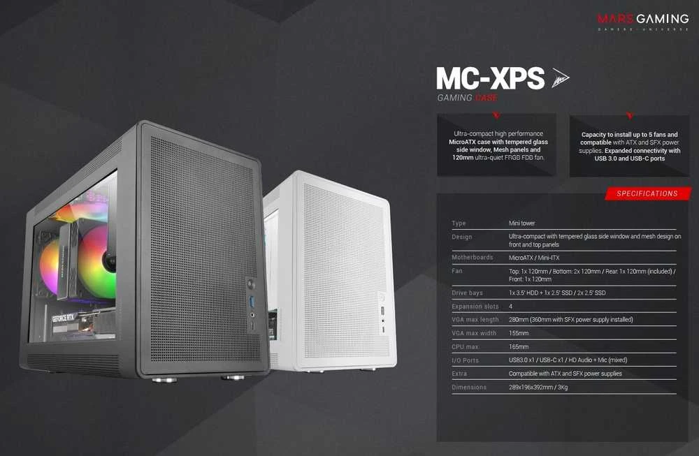 Mars Gaming MCXPSW mATX itin kompaktiškas žaidimų kompiuterio korpusas su tinklelio ir stiklo panele