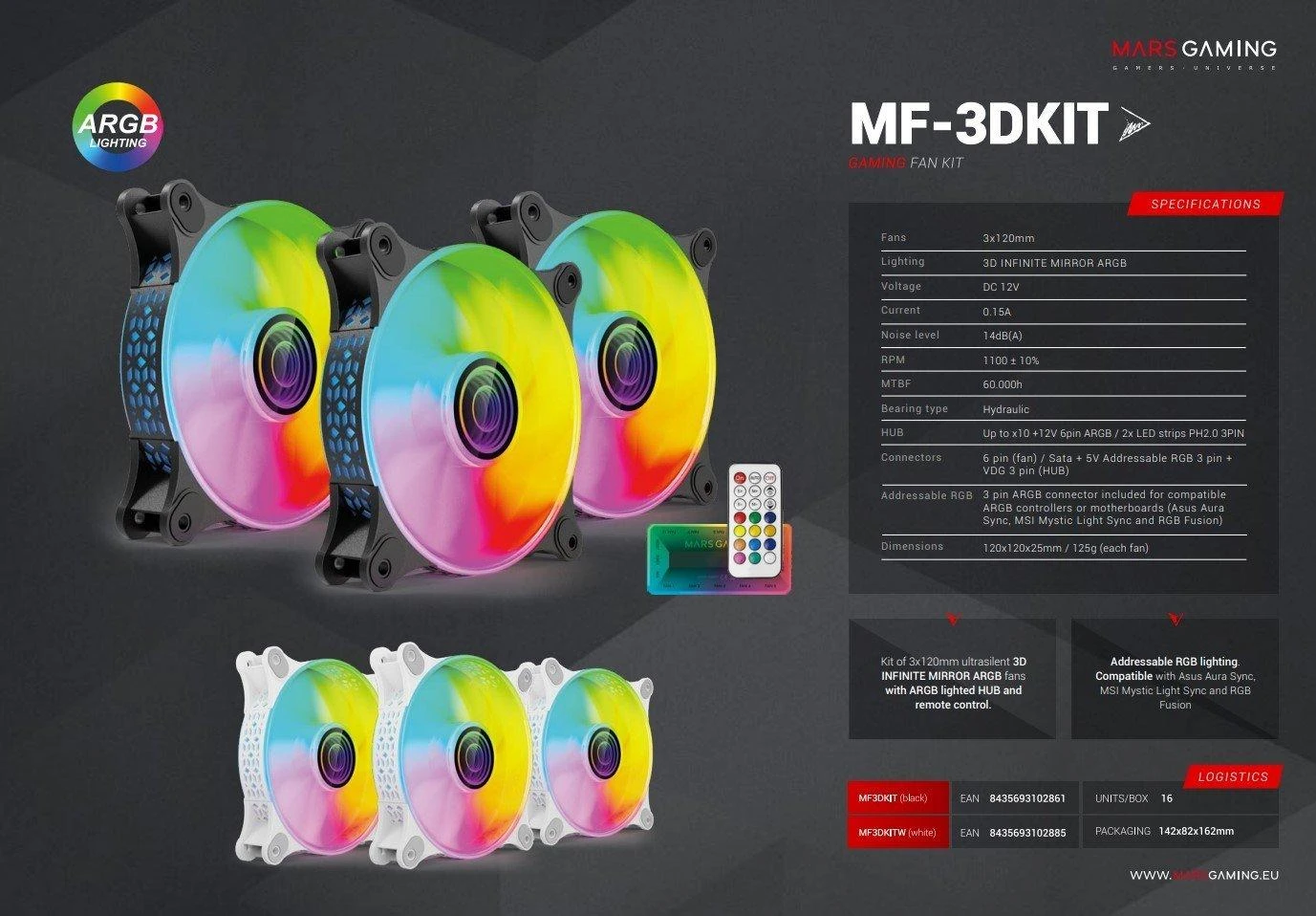 Mars Gaming MF-3DKIT aušintuvų rinkinys su ARGB apšvietimu