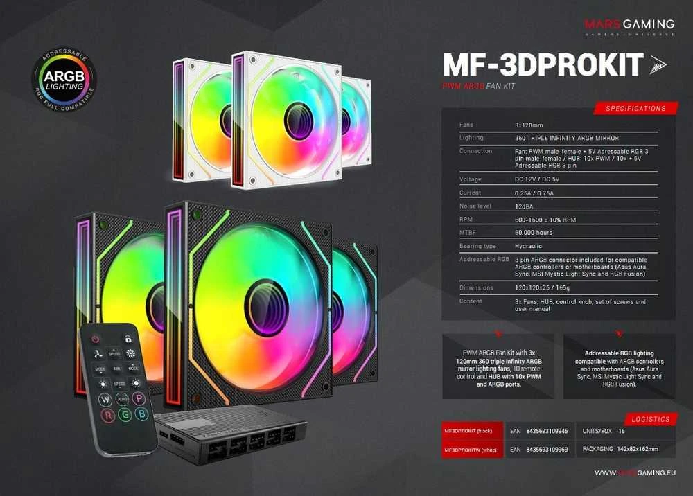 „Mars Gaming MF3DPROKITW ARGB“ 120 mm nuotolinio valdymo kompiuterio aušintuvo rinkinys