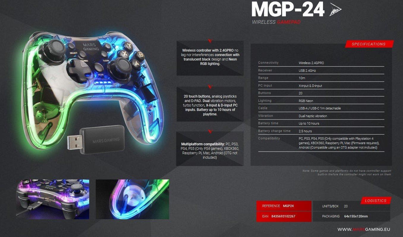 „Mars Gaming MGP-24“ belaidis žaidimų valdiklis RGB / USB 2.4GHz / USB-C / X ir D įvestis