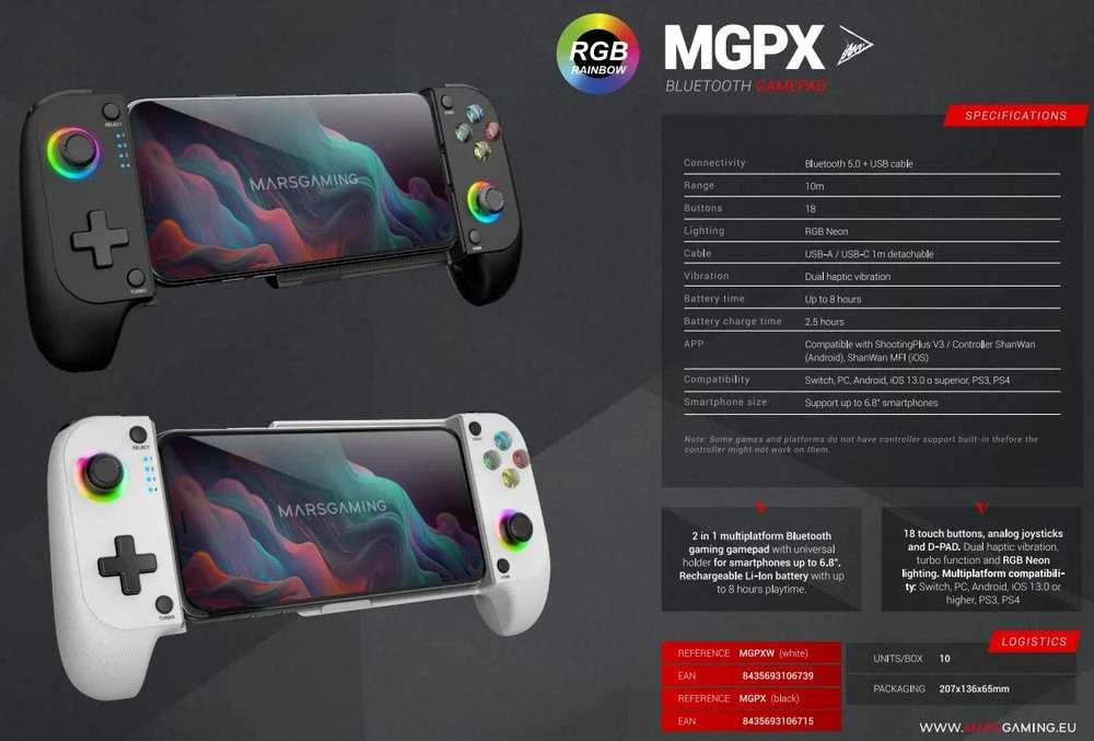 „Mars Gaming MGPX 2in1“ žaidimų pultas telefonui su 6,8 colio „Bluetooth“ / USB ryšiu (PS4, PS3, Android, iOS)