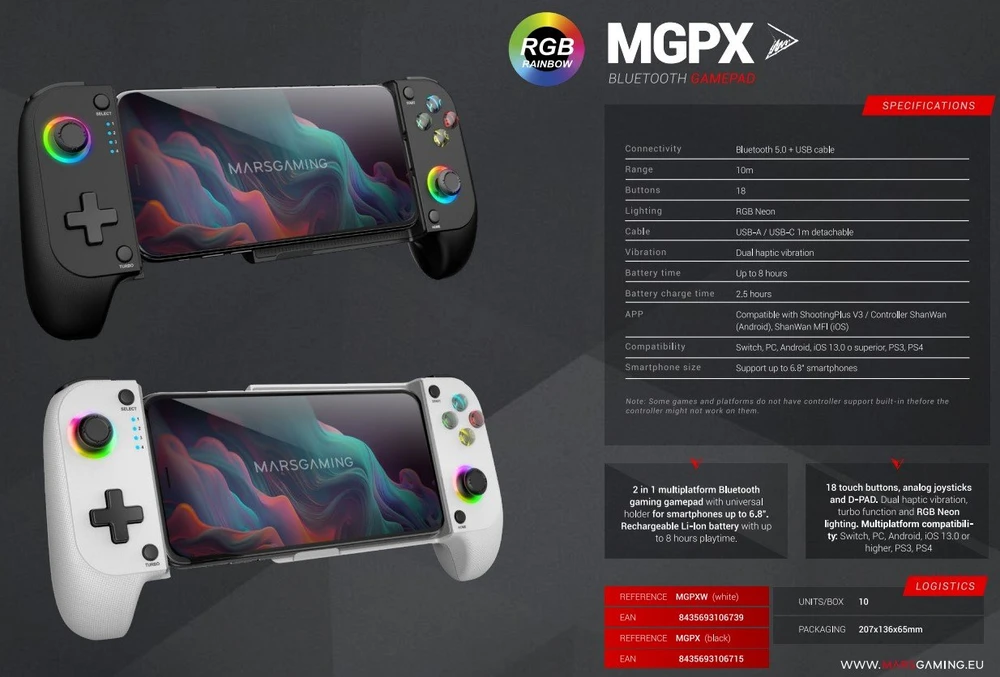 Pad Mars Gaming Mars Gaming MGPX 2in1 Gamepad for Phone iki 6.8'' Bluetooth / USB (PS4, PS3, Android, iOS)