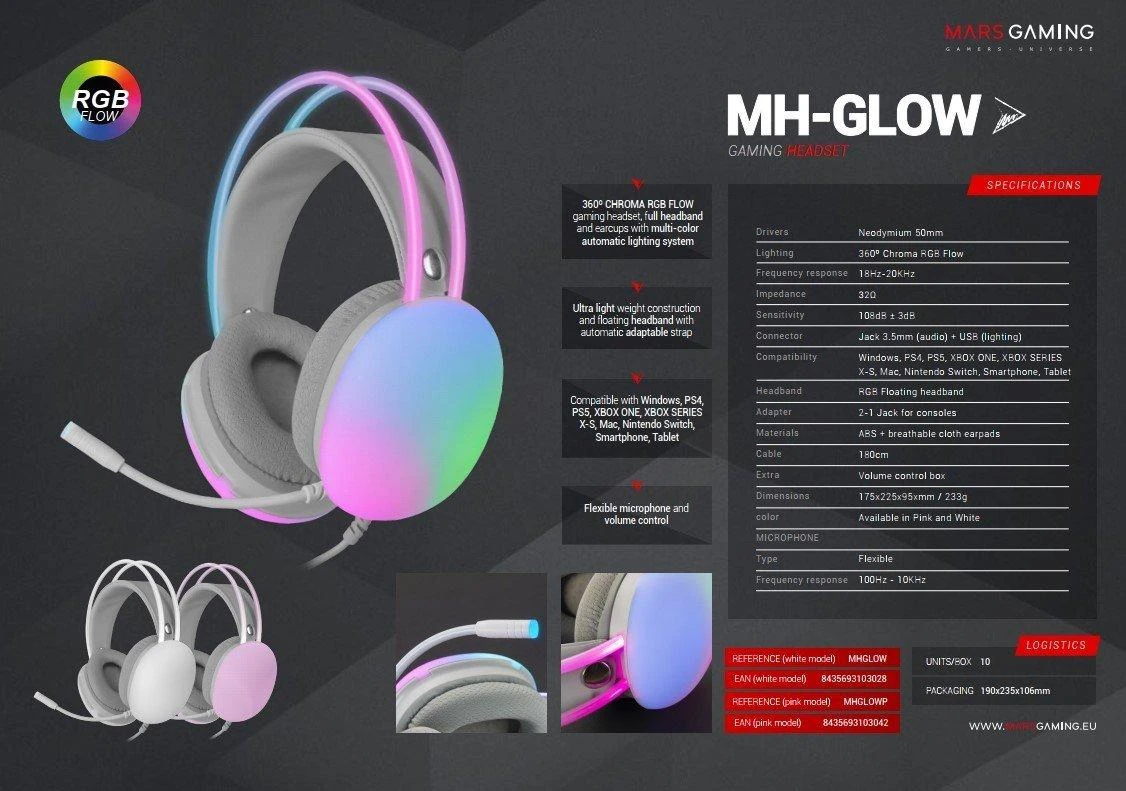 „Mars Gaming MH-GLOW RGB Chroma Flow“ žaidimų ausinės, 3,5 mm / USB